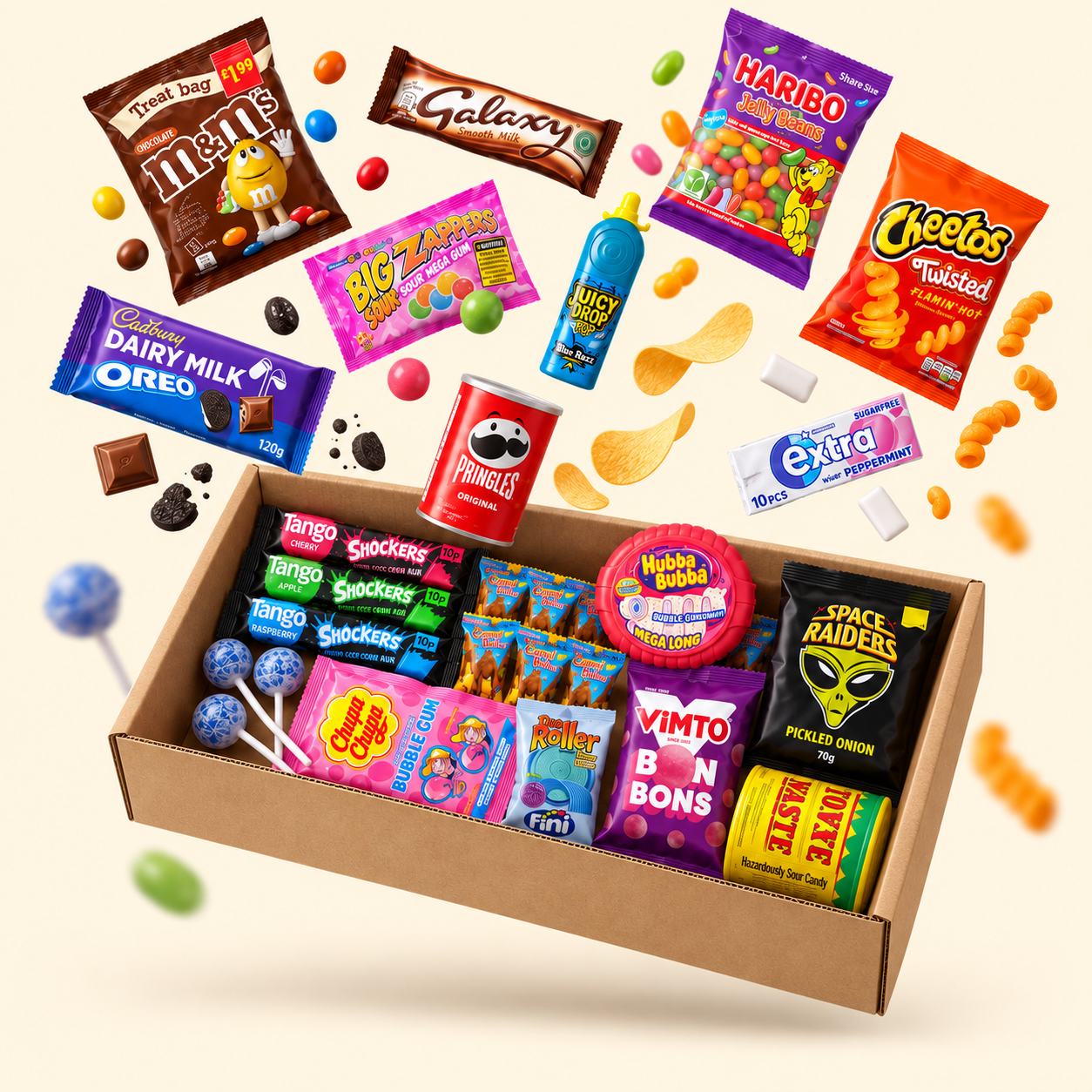Illustrative Mega Box with chocolate, sweets and savoury snacks