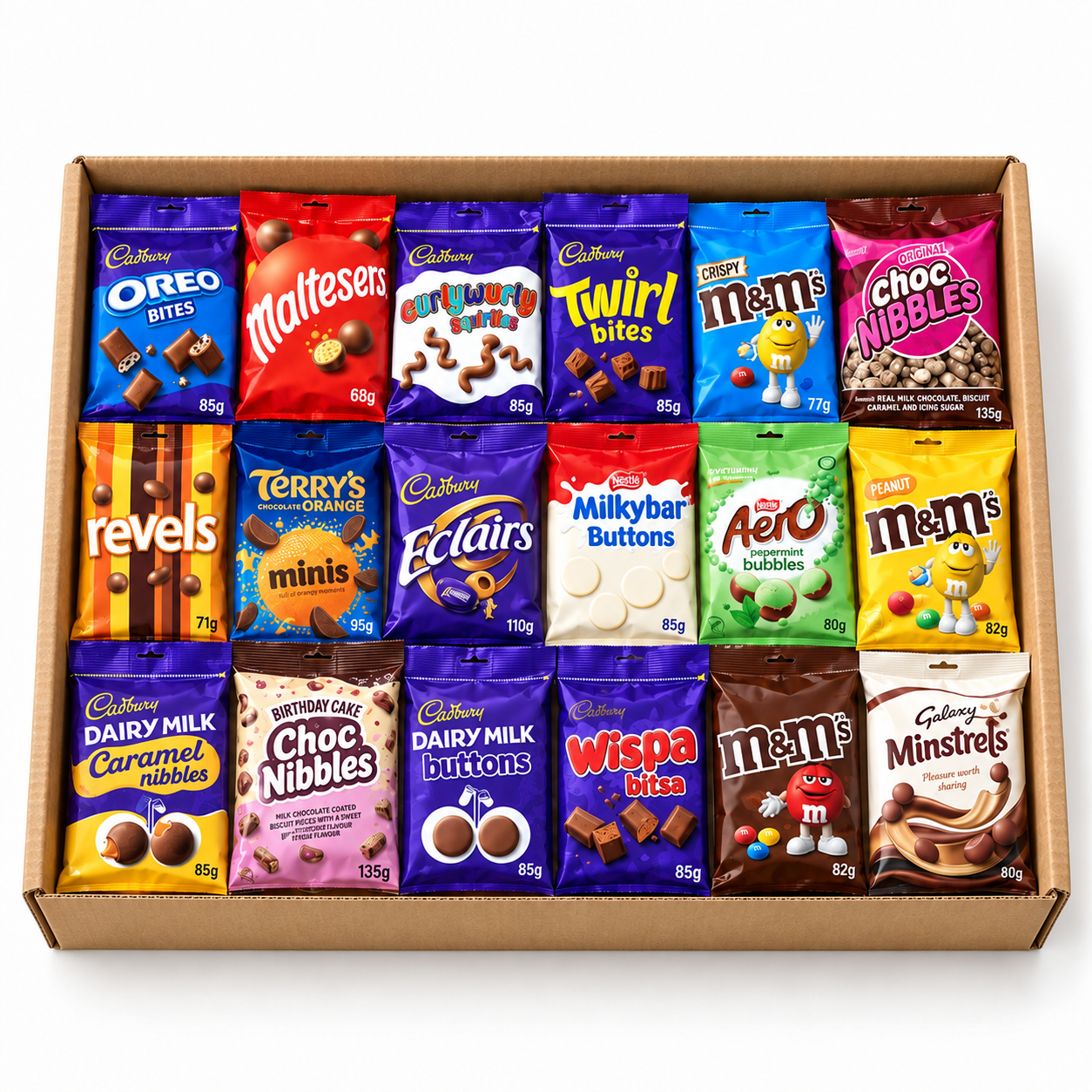 Illustration of 18 Piece Chocolate Bag Gift Box with chocolate bags in a kraft gift box