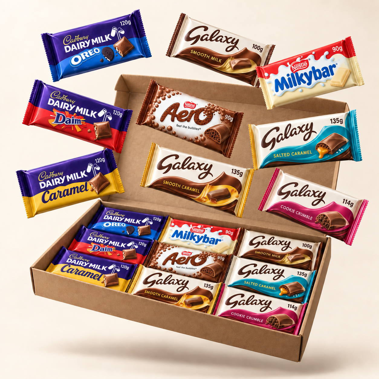 Illustration of the Birthday Sharing Bar Selection chocolate bar selection in a kraft box