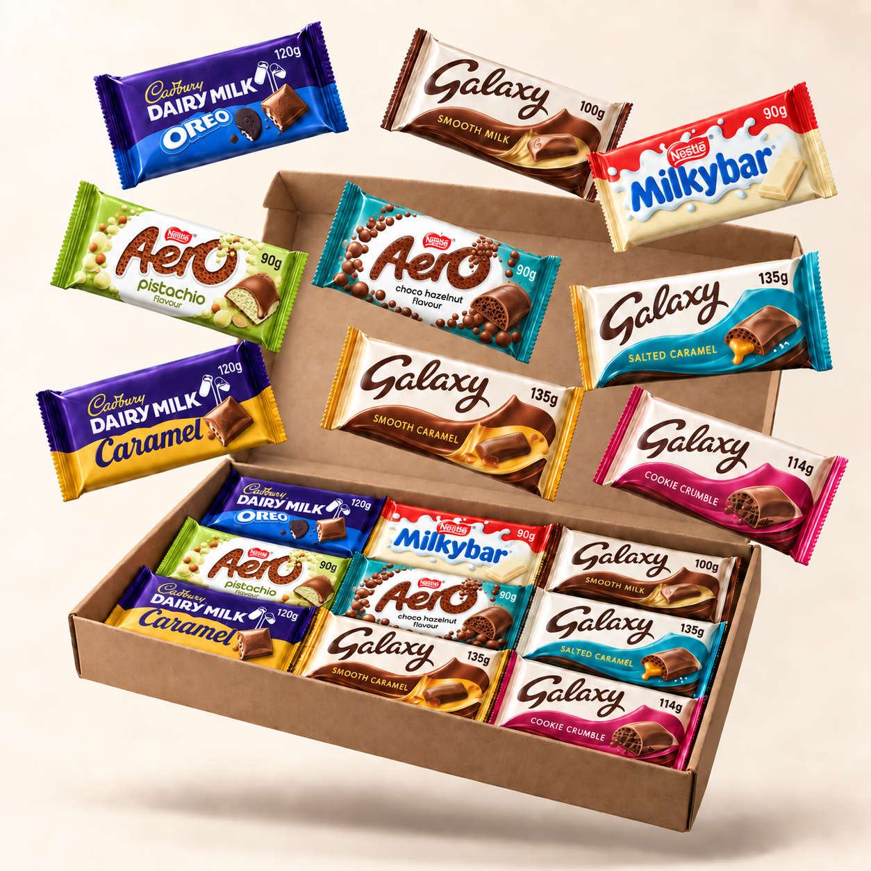 Illustration of the Anniversary Chocolate Bar Sharing Box chocolate bar selection in a kraft box