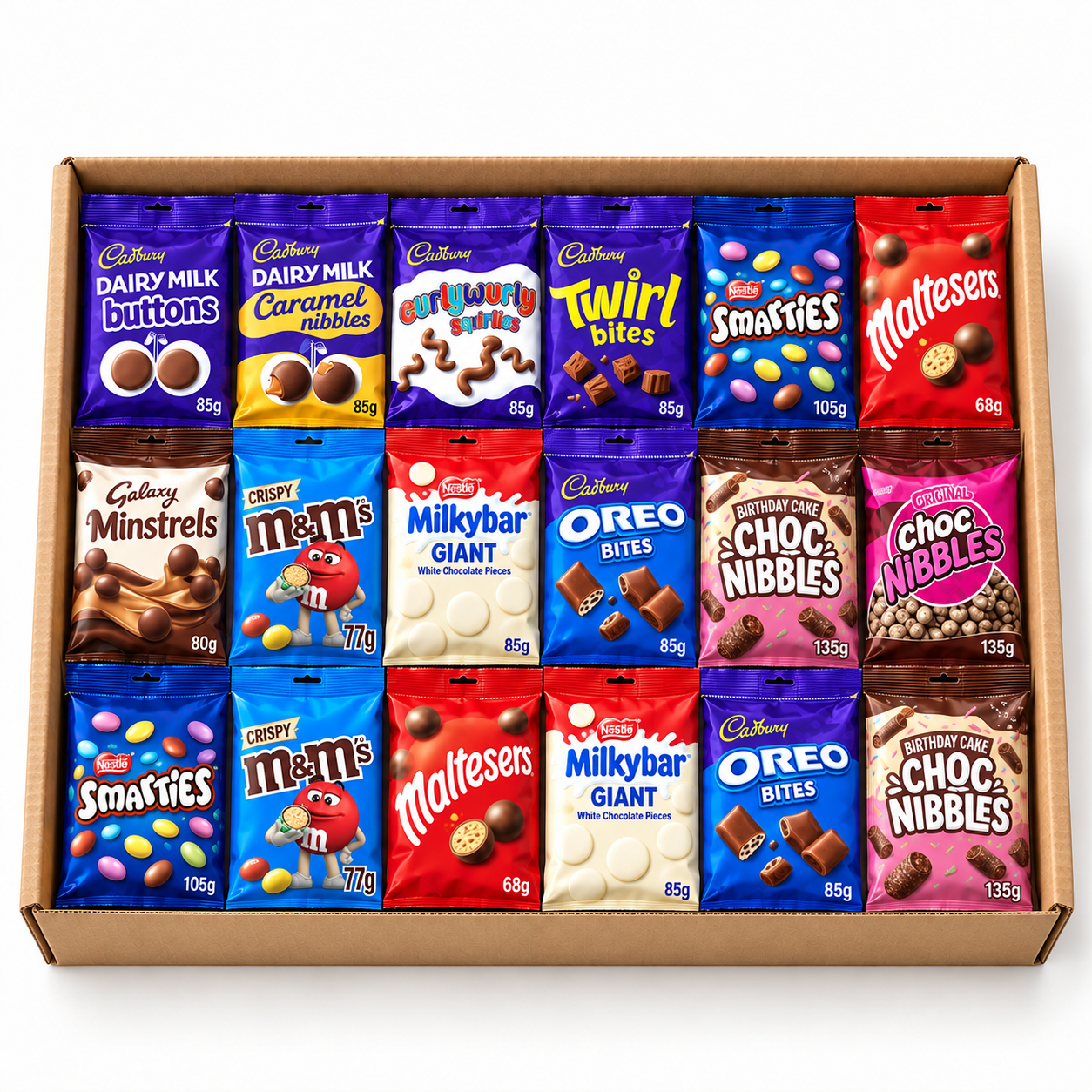 Illustration of Teen Birthday Chocolate Bag Box with chocolate bags in a kraft gift box