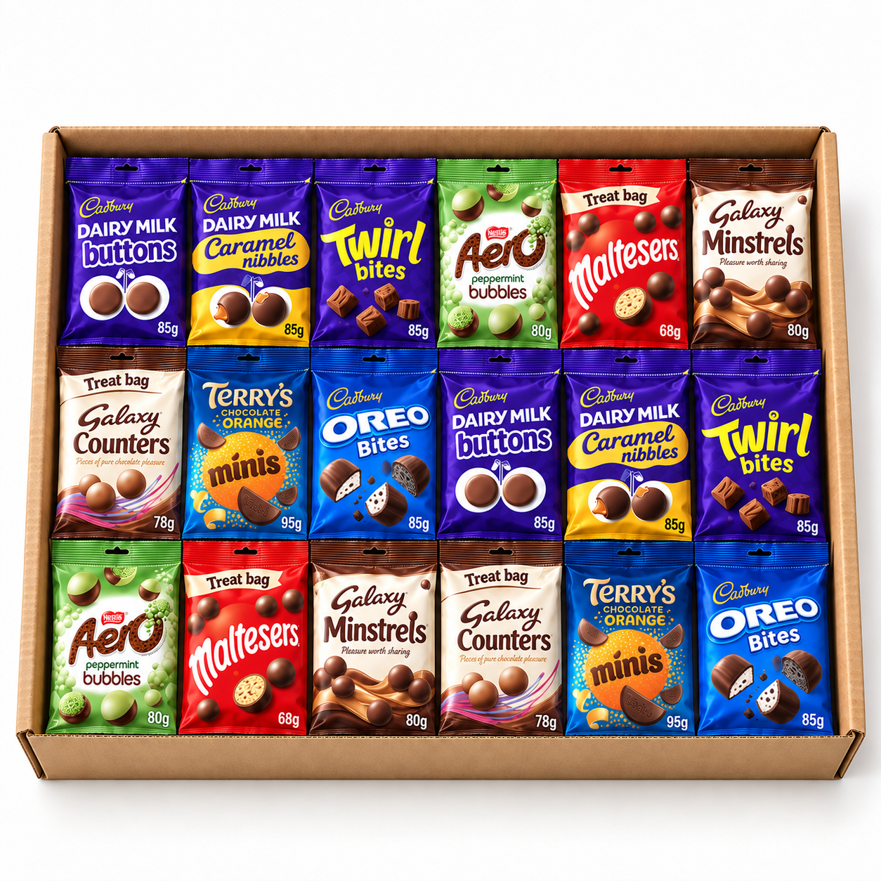 Illustration of Best Friend Chocolate Bag Catch-Up Box with chocolate bags in a kraft gift box