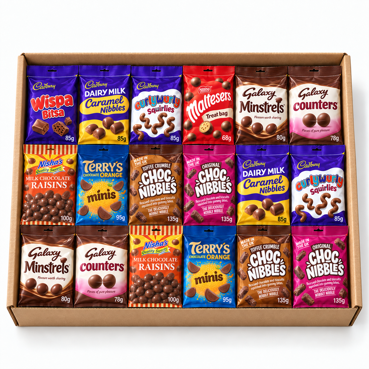 Illustration of New Home Chocolate Bag Welcome Box with chocolate bags in a kraft gift box