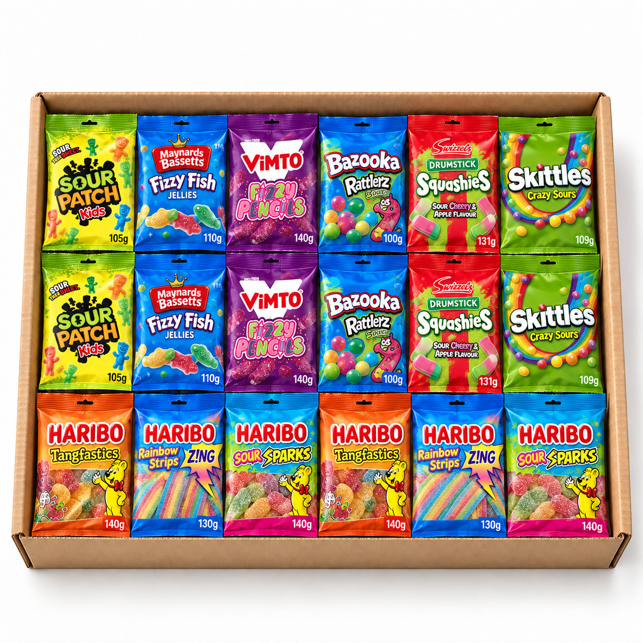 Illustration of Teen Sour Sweet Bag Box with sweet bags in a kraft gift box