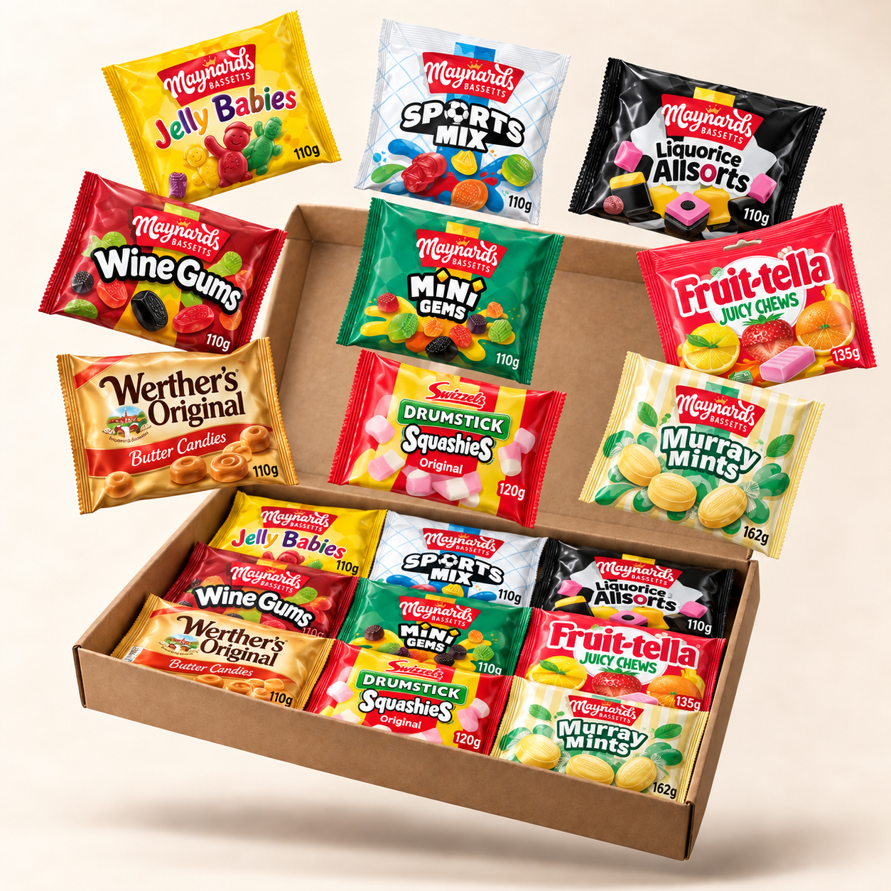Illustration of Retro Birthday Sweet Bag Selection with sweet bags in a kraft gift box