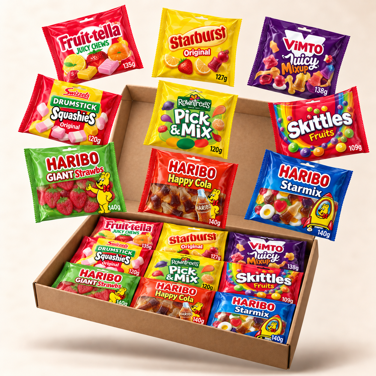Illustration of Party Host Sweet Sharing Box with sweet bags in a kraft gift box