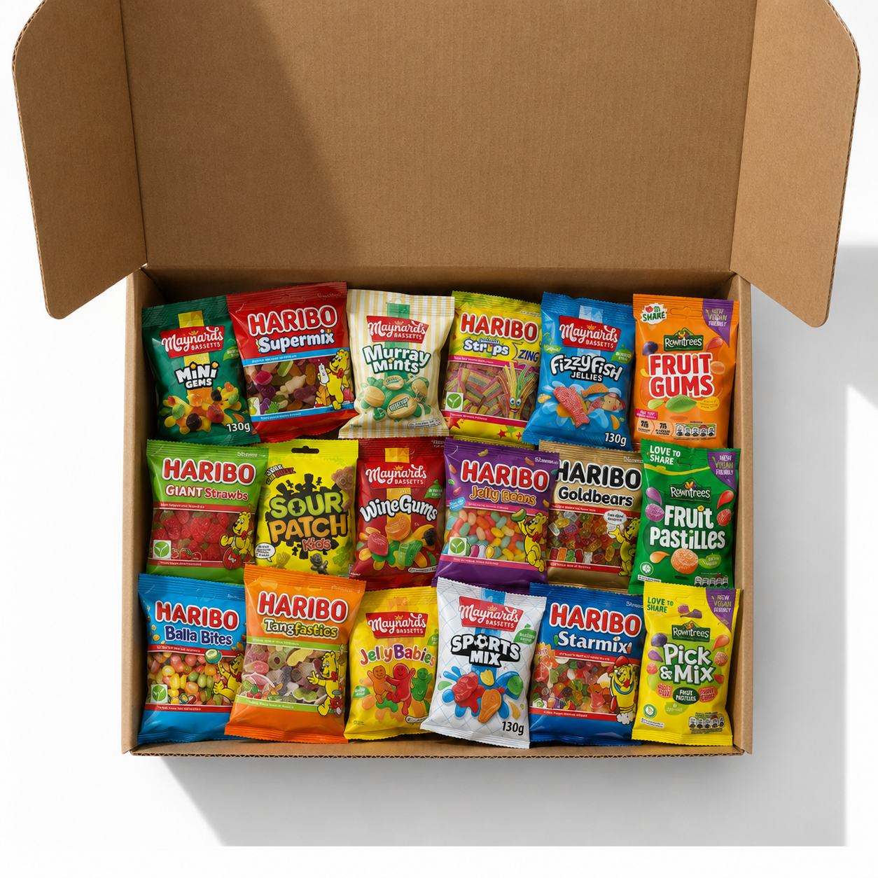Illustration of 18 Piece Sweet Bag Snack Box with sweet bags in a kraft gift box