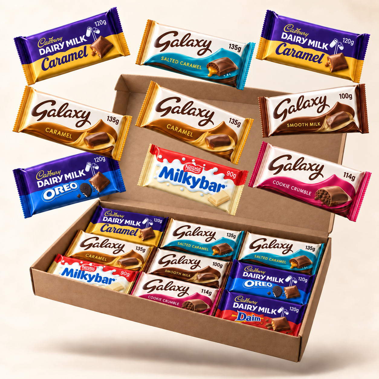 Illustration of the Mum’s Christmas Caramel Bar Collection chocolate bar selection in a kraft box
