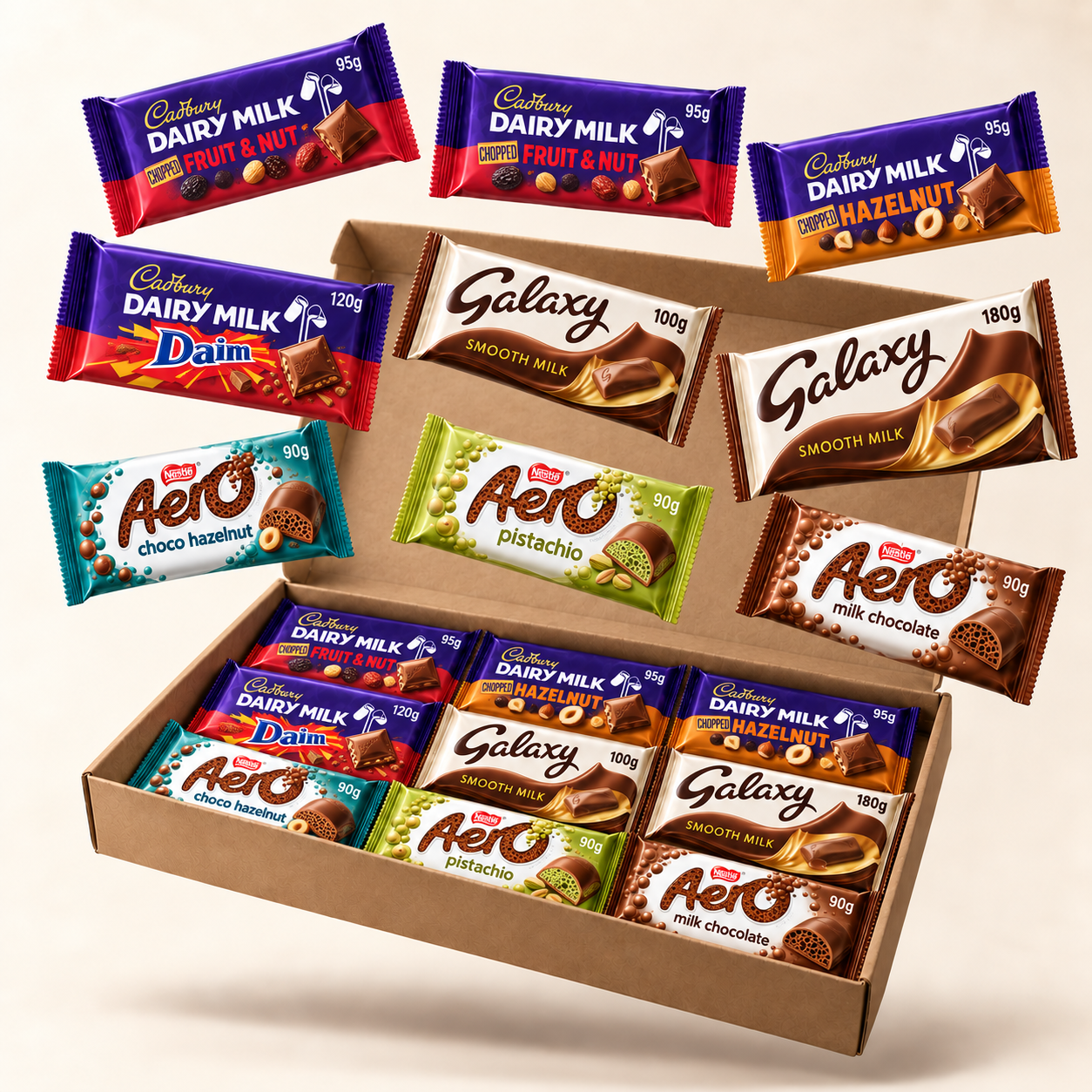 Illustration of the Dad’s Christmas Nut and Milk Bar Collection chocolate bar selection in a kraft box