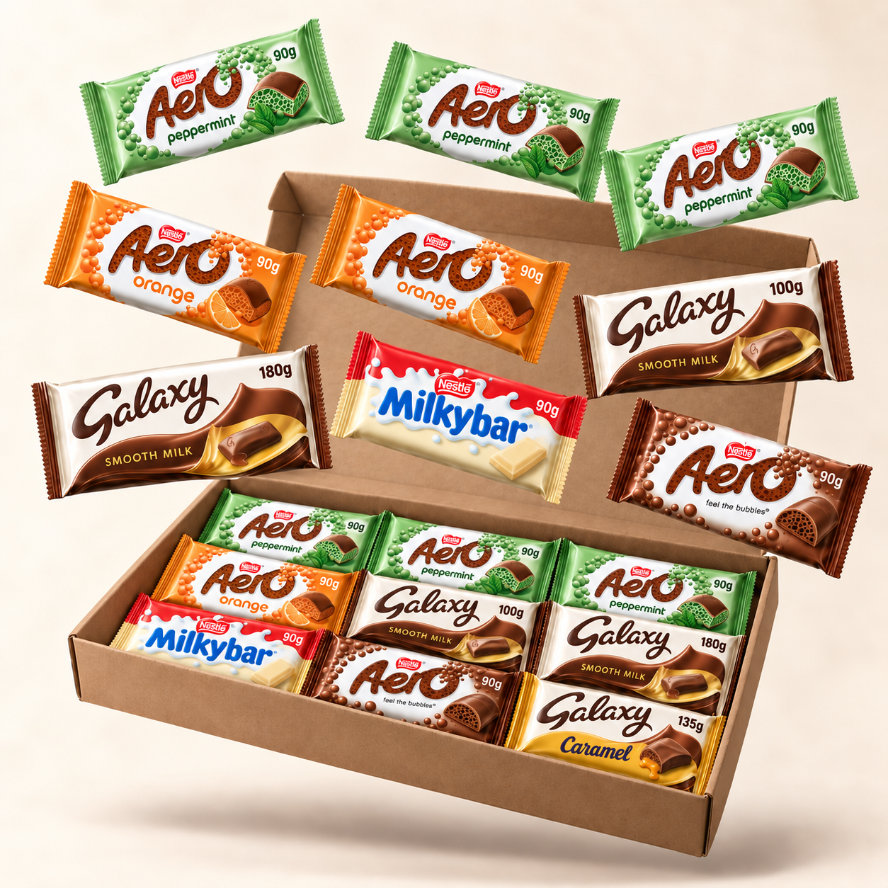 Illustration of the Christmas After-Dinner Mint and Orange Bars chocolate bar selection in a kraft box
