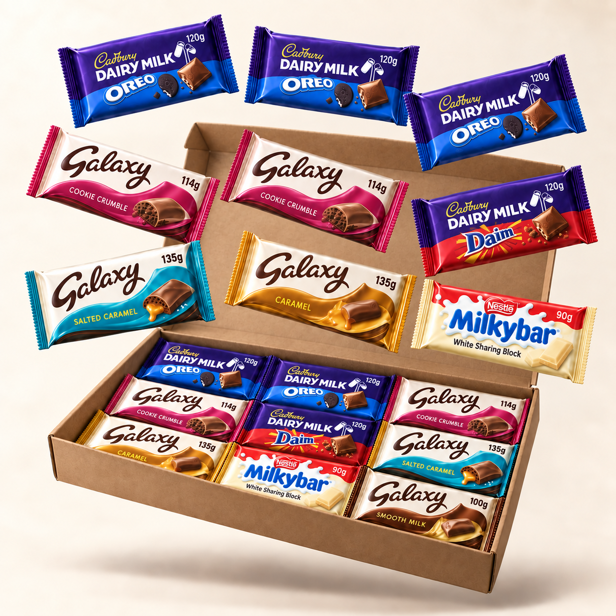 Illustration of the Christmas Host Cookie and Chocolate Bars chocolate bar selection in a kraft box