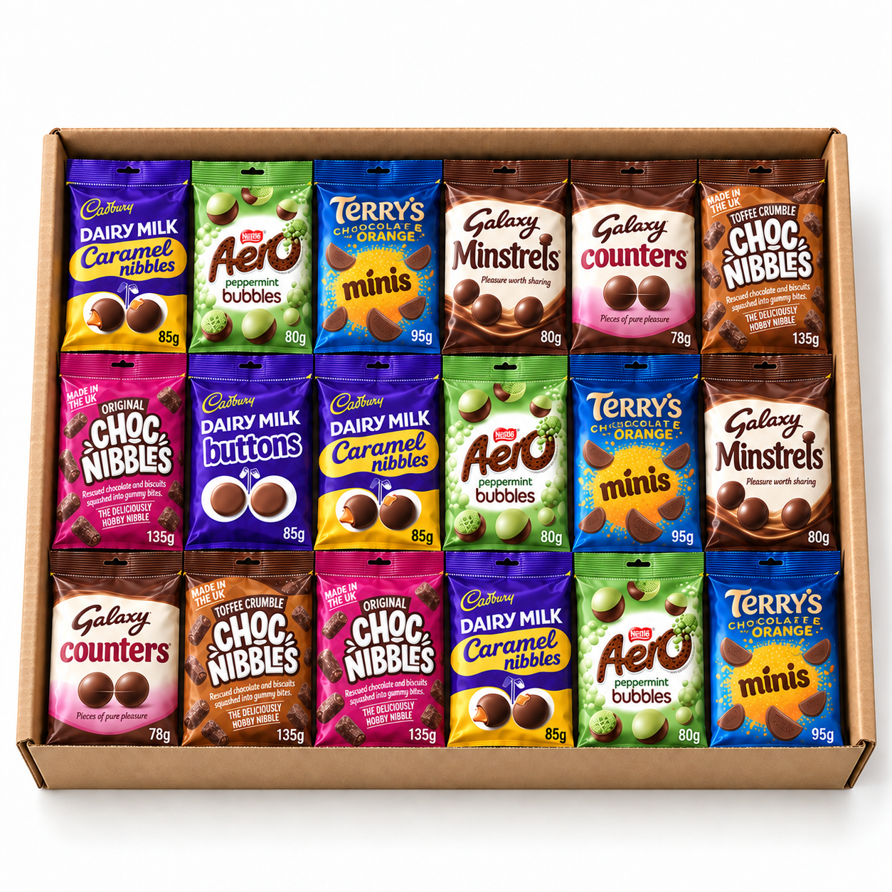 Illustration of Grandparents’ Christmas Chocolate Bag Selection with chocolate bags in a kraft gift box